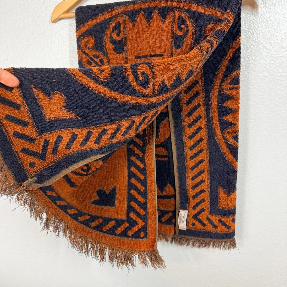 Vintage Sears Bath Towel Orange Navy Blue Geometric Fringe Cotton Blend